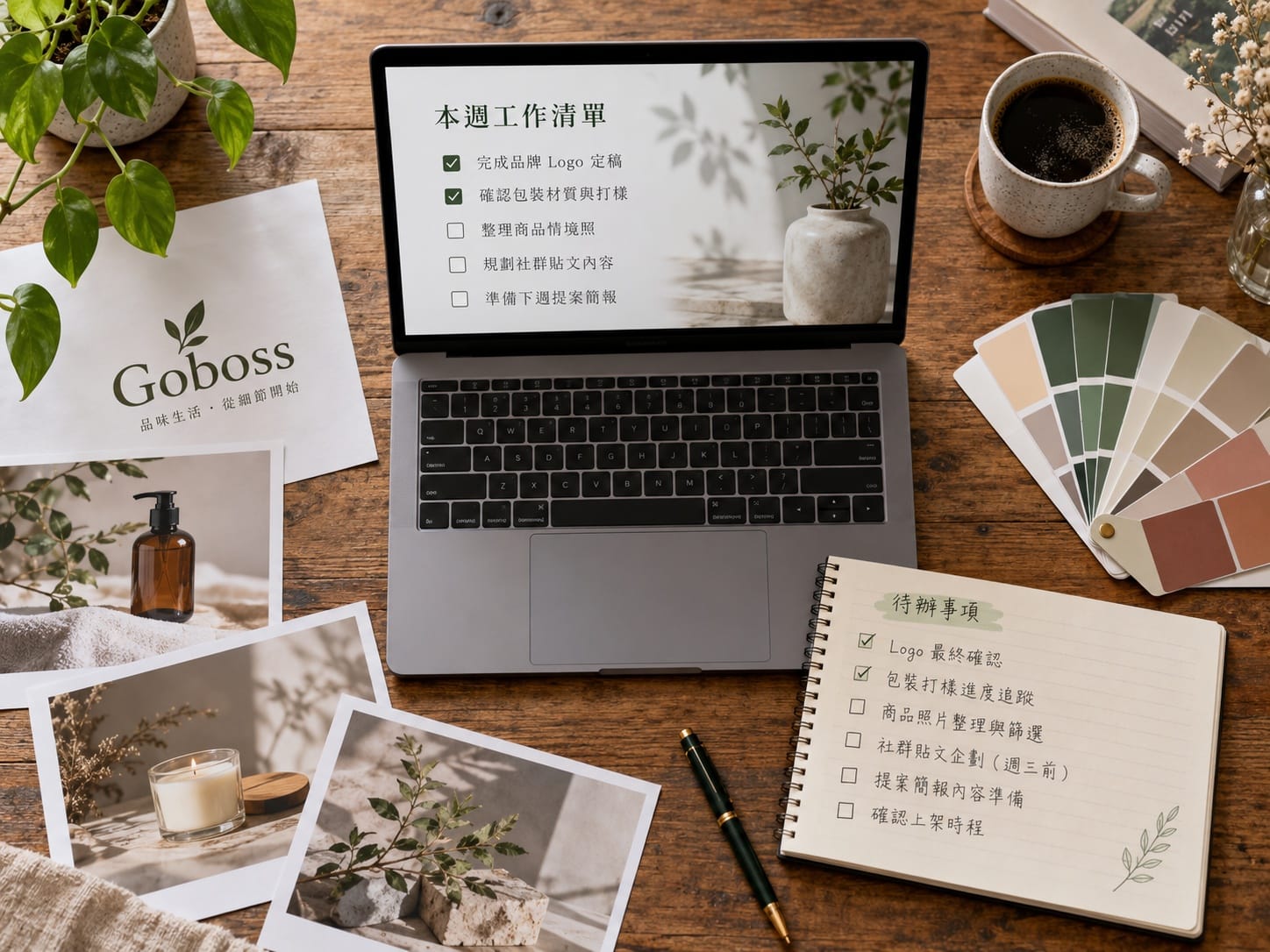 網站架設前品牌素材與檢查清單桌面俯拍實景
