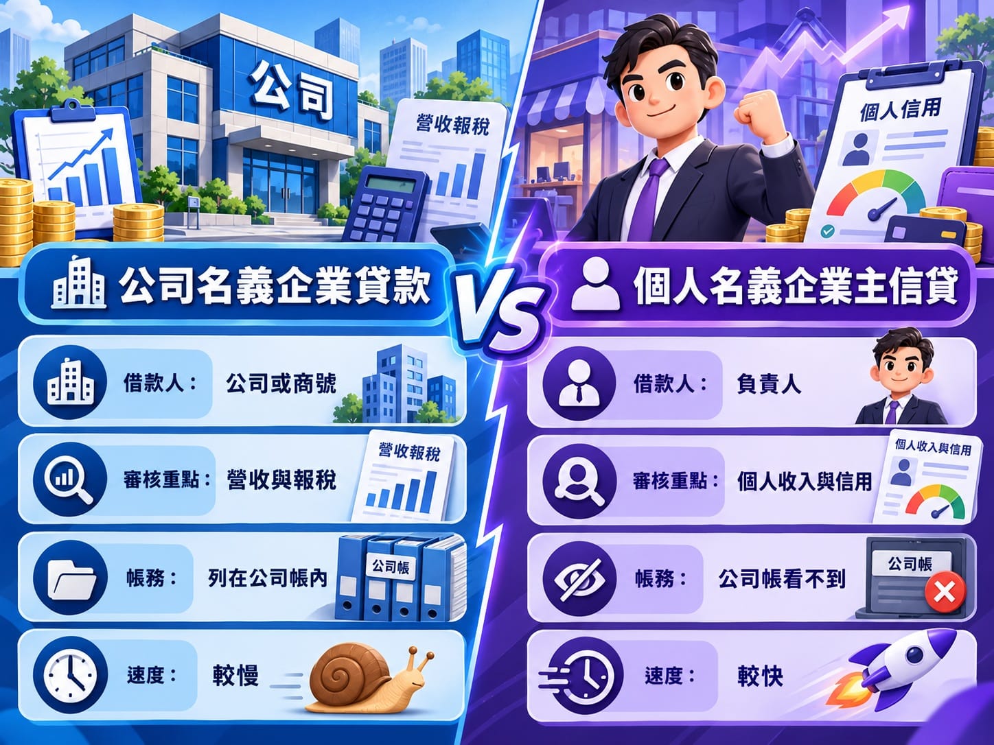 企業貸款公司名義與老闆個人名義企業主信貸差異對比圖