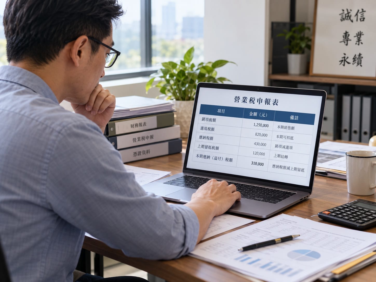 老闆備齊企業貸款申請文件與營業稅申報報表的辦公桌場景