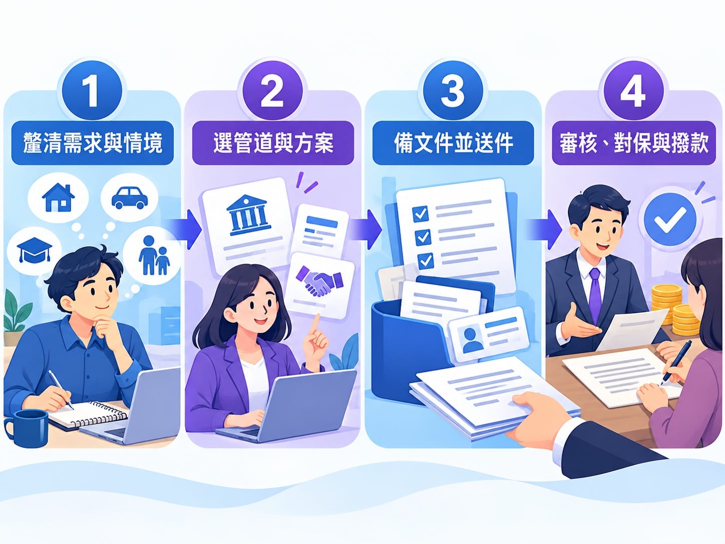 企業貸款申請流程 STEP 1 到 STEP 4 示意圖