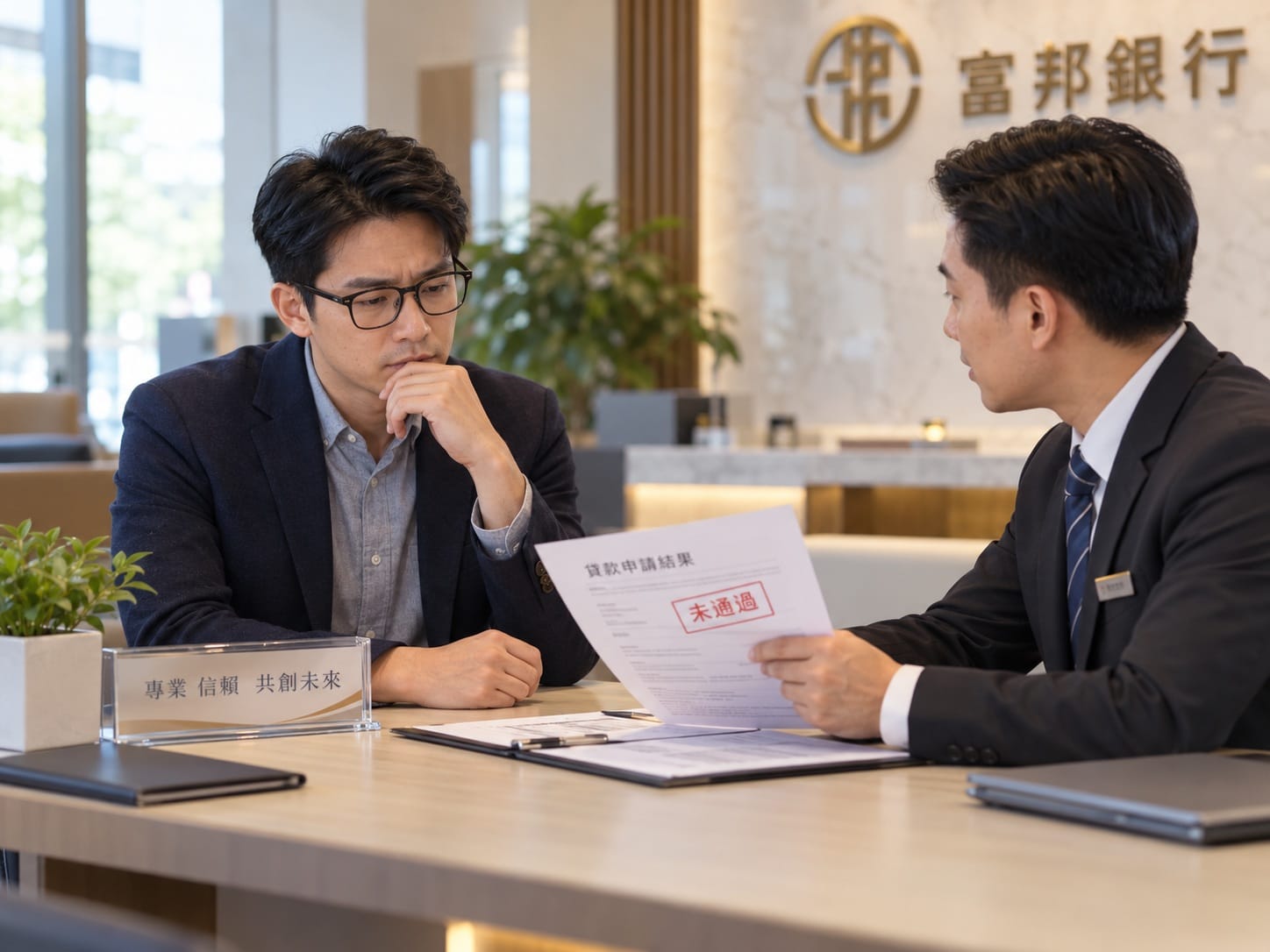 老闆在銀行洽談企業貸款被婉拒後神情凝重的場景