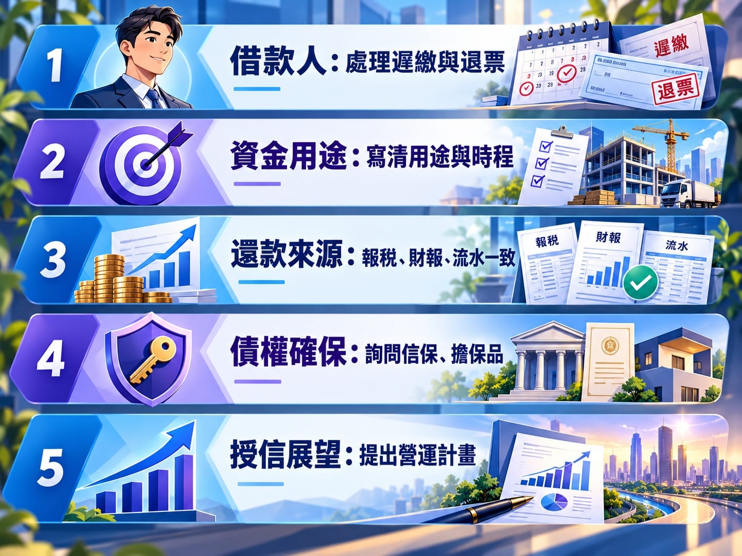 企業貸款被拒原因與授信 5P 面向補強方向對照圖