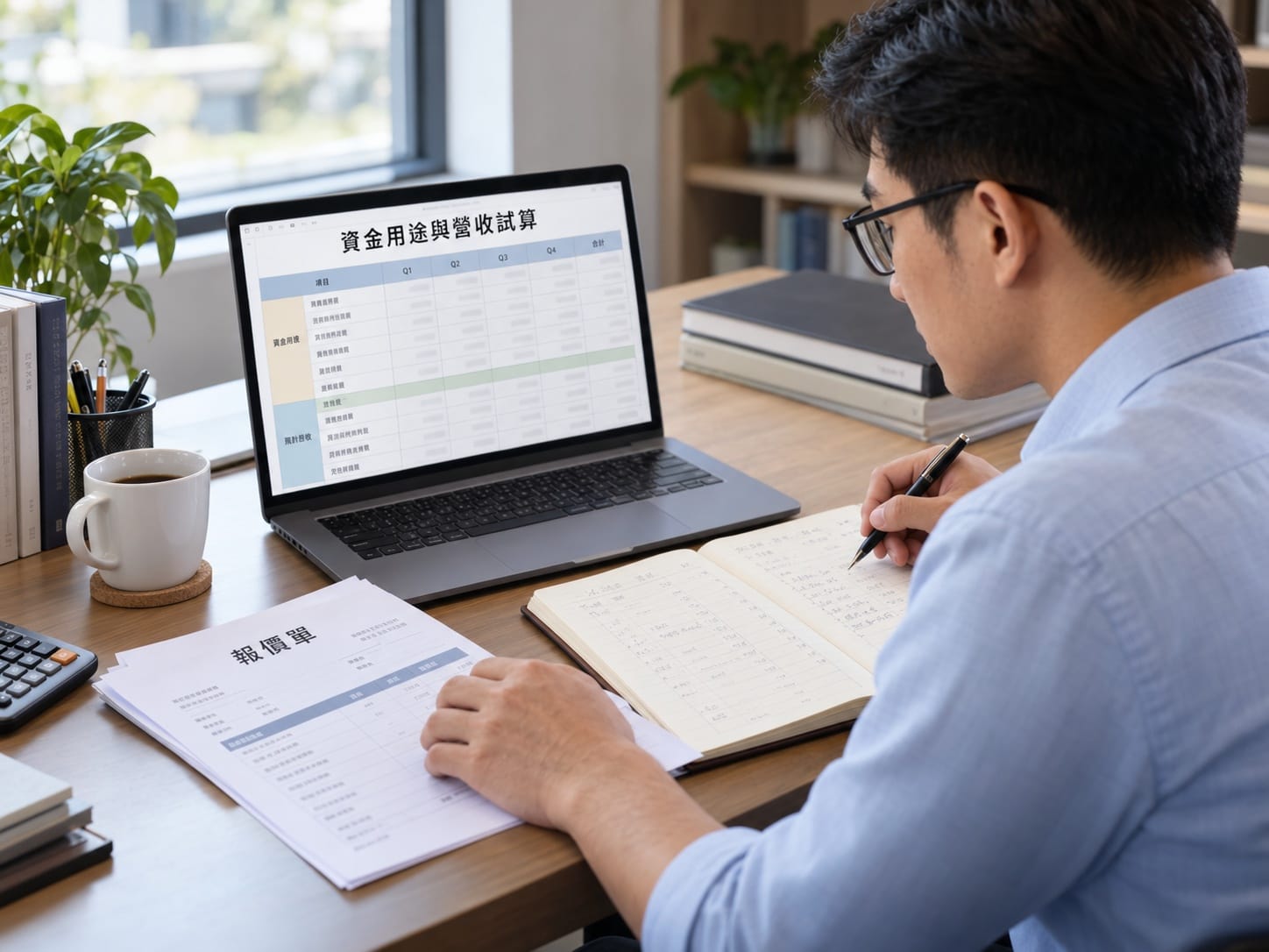 創業者在辦公桌前核對創業貸款資金用途與營收數字的商業攝影照片