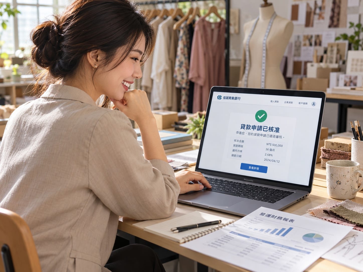 電商品牌主理人成功取得信保基金保證核貸後的釋然表情