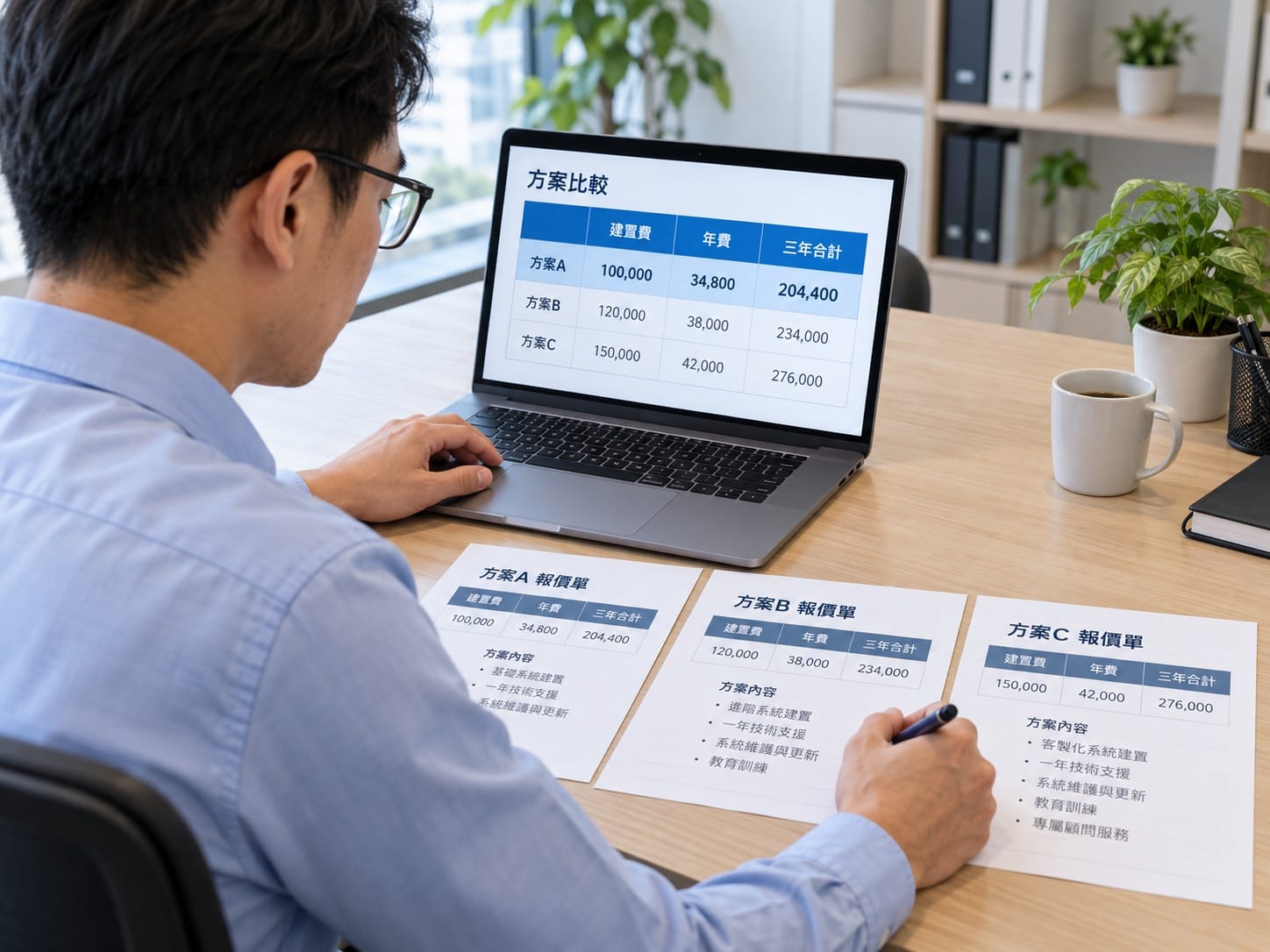 一位老闆在辦公桌前並排比對三份網頁設計報價單與筆電上的試算表