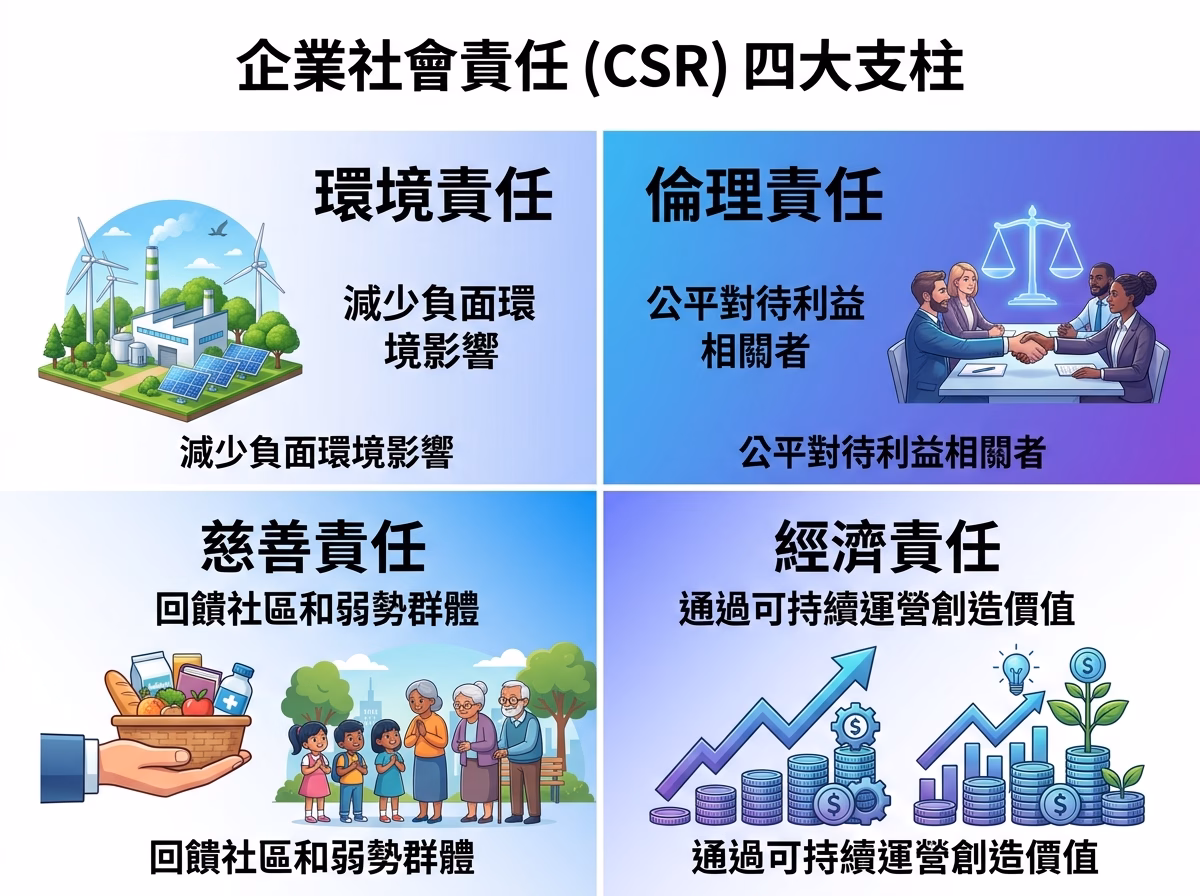 企業社會責任四大面向示意圖，包含環境責任、倫理責任、慈善責任、經濟責任四個區塊及各自核心說明