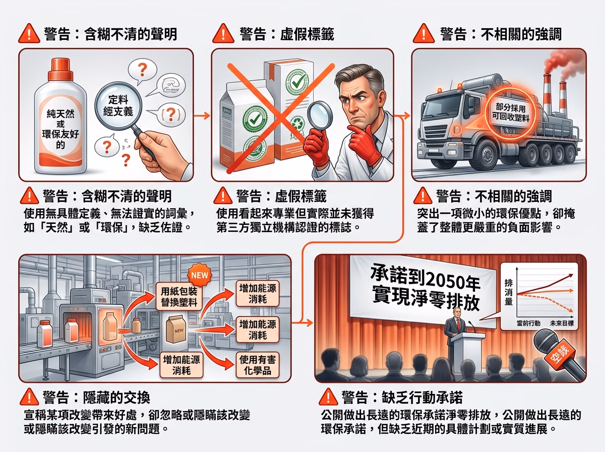 洗綠 Greenwashing 五大類型警示說明圖，幫助品牌識別並避免誇大的環保宣稱