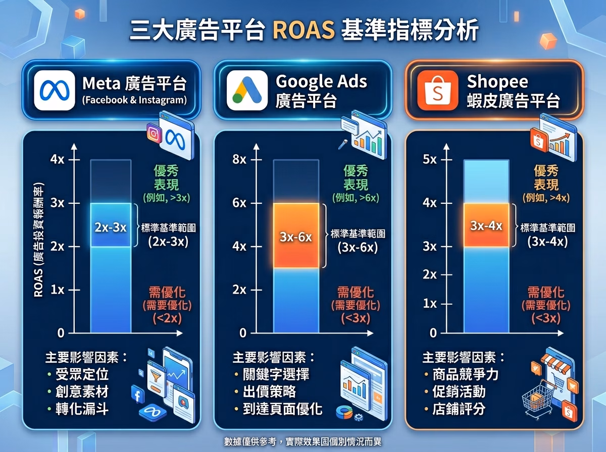 Meta、Google、蝦皮三大廣告平台 ROAS 基準範圍對照圖