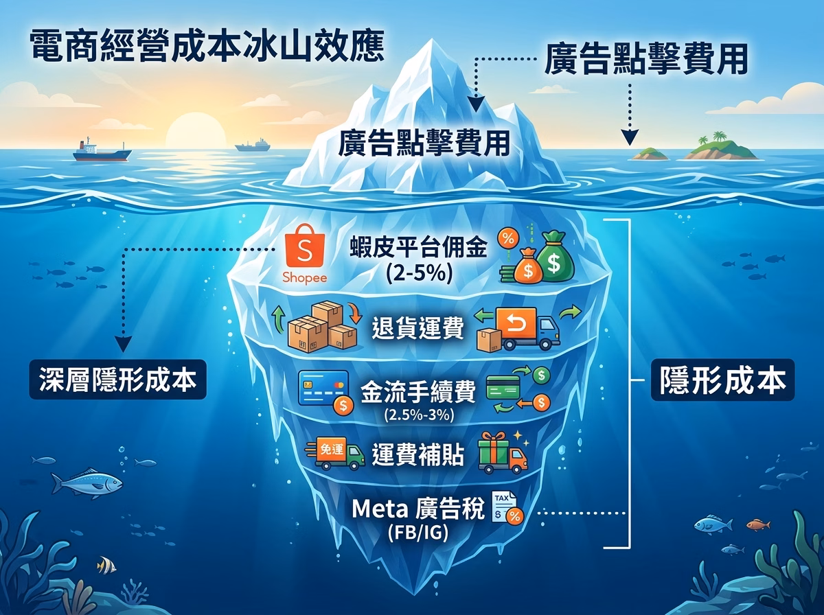 廣告真實成本冰山圖：點擊費以下的隱性成本