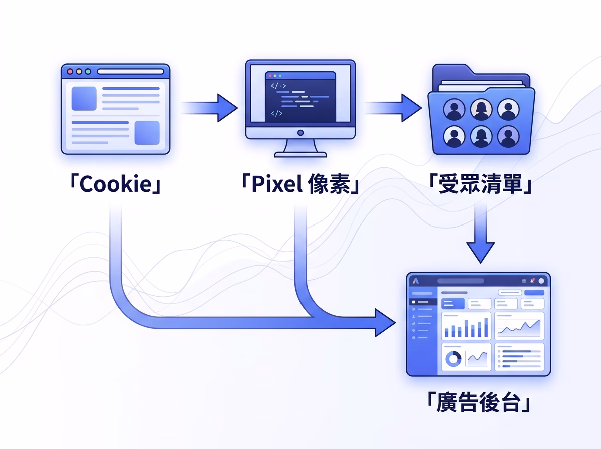 再行銷技術底層三要素:Cookie、Pixel 像素、受眾清單工作原理示意圖