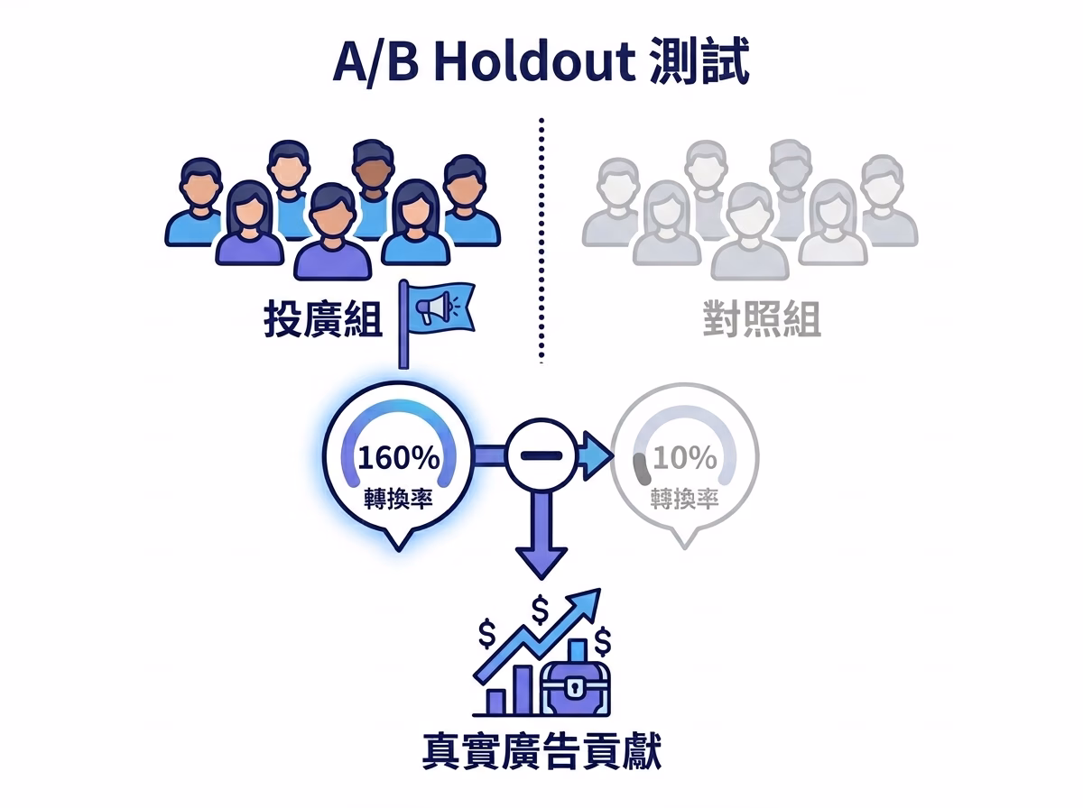 再行銷增量效益 Holdout Test 設計:廣告組與對照組對比,計算真實廣告貢獻度